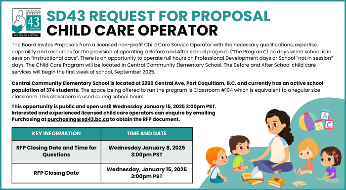 SD43 seeks proposals from child care operators for services at Central Community School.